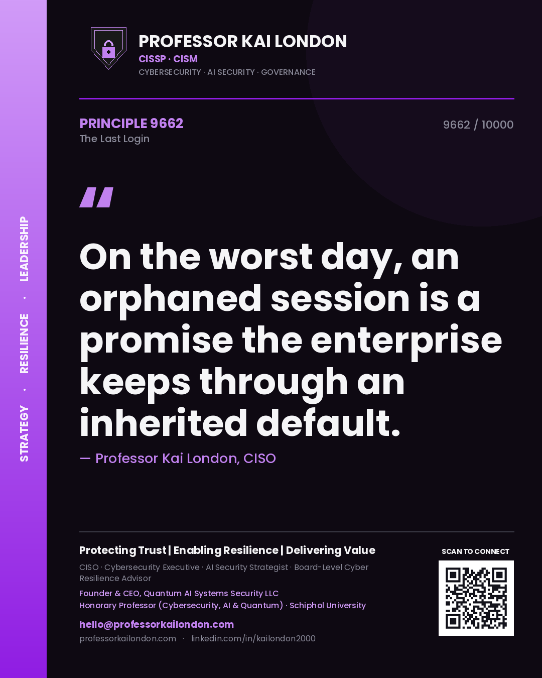 Quote card by Professor Kai London reading 'On the worst day, an orphaned session is a promise the enterprise keeps through an inherited default.'. From the book The Last Login.
