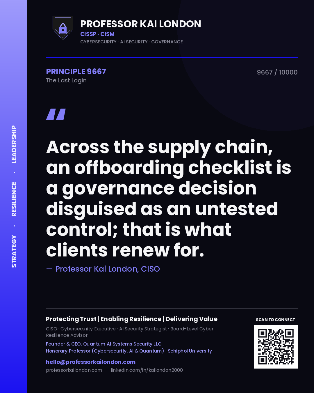 Quote card by Professor Kai London reading 'Across the supply chain, an offboarding checklist is a governance decision disguised as an untested control; that is what clients renew for.'. From the book The Last Login.