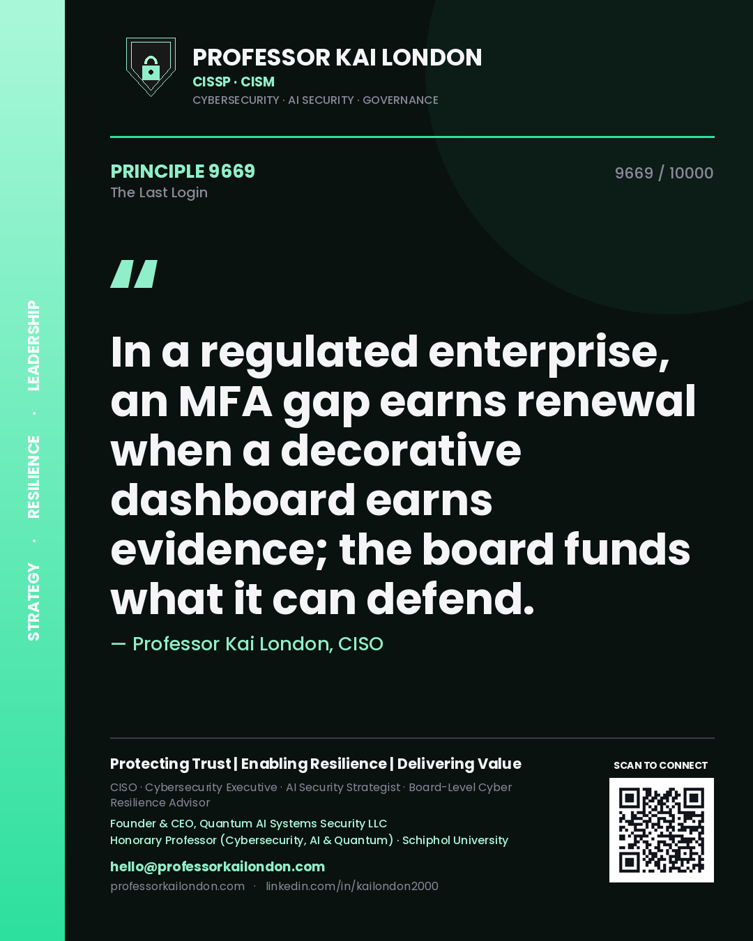 Quote card by Professor Kai London reading 'In a regulated enterprise, an MFA gap earns renewal when a decorative dashboard earns evidence; the board funds what it can defend.'. From the book The Last Login.