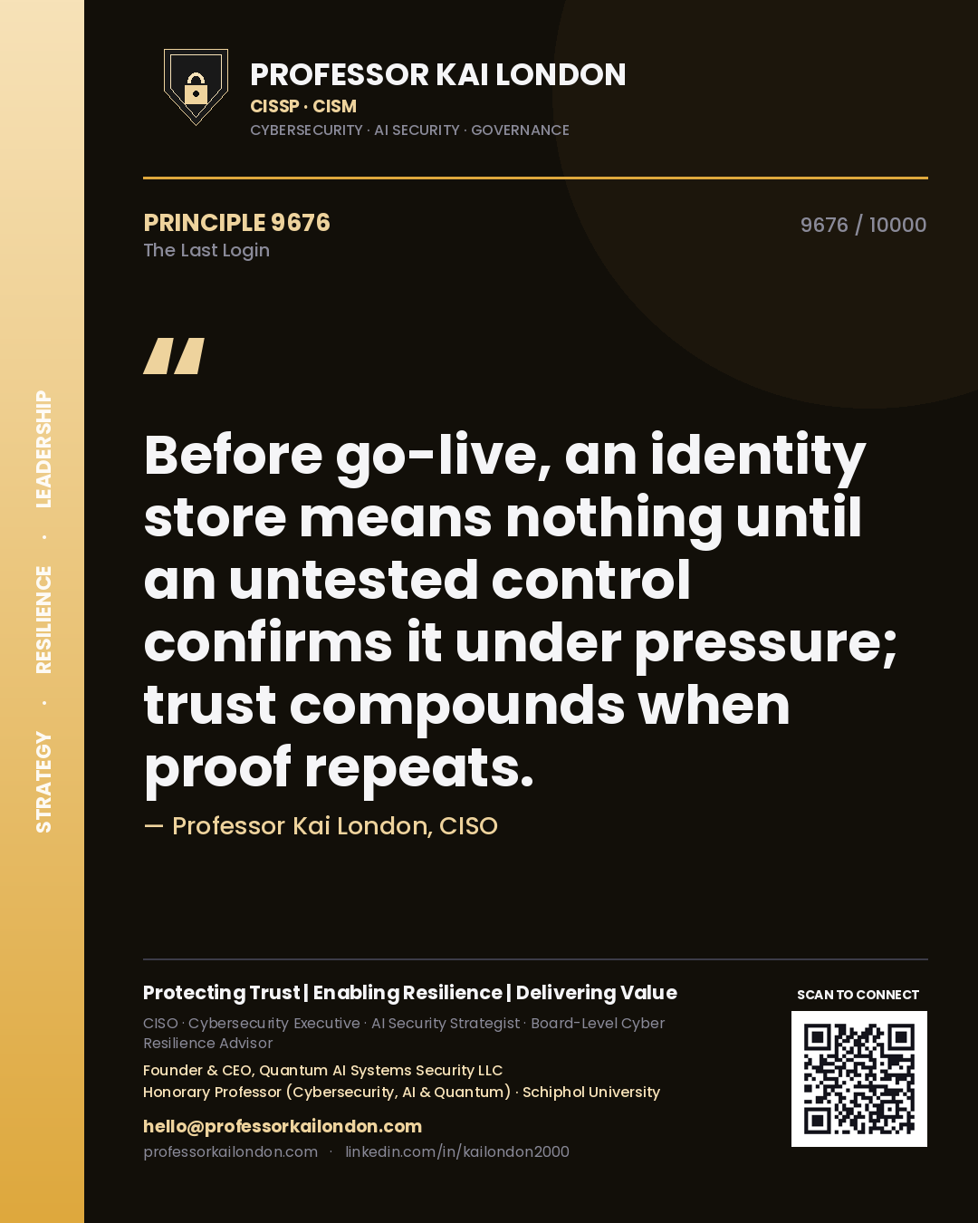 Quote card by Professor Kai London reading 'Before go-live, an identity store means nothing until an untested control confirms it under pressure; trust compounds when proof repeats.'. From the book The Last Login.