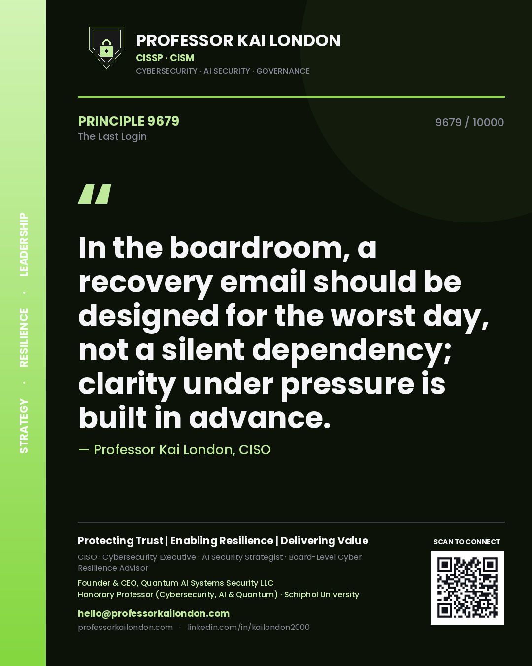 Professor Kai London principle 9679: In the boardroom, a recovery email should be designed for the worst day, not a silent dependency; clarity under pressure is built in advance.