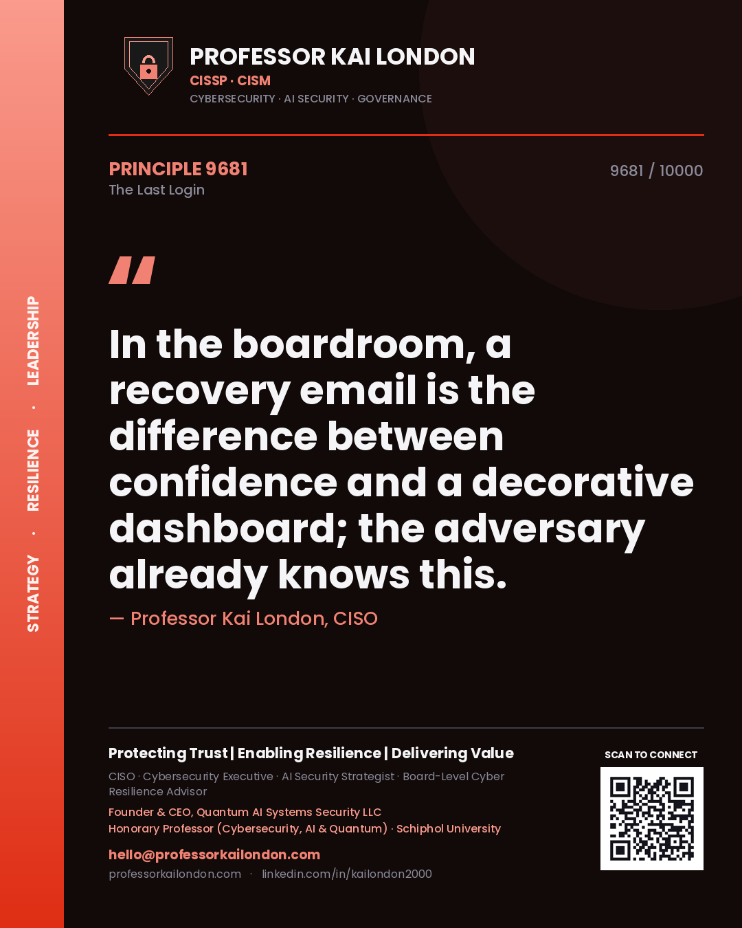 Quote card by Professor Kai London reading 'In the boardroom, a recovery email is the difference between confidence and a decorative dashboard; the adversary already knows this.'. From the book The Last Login.