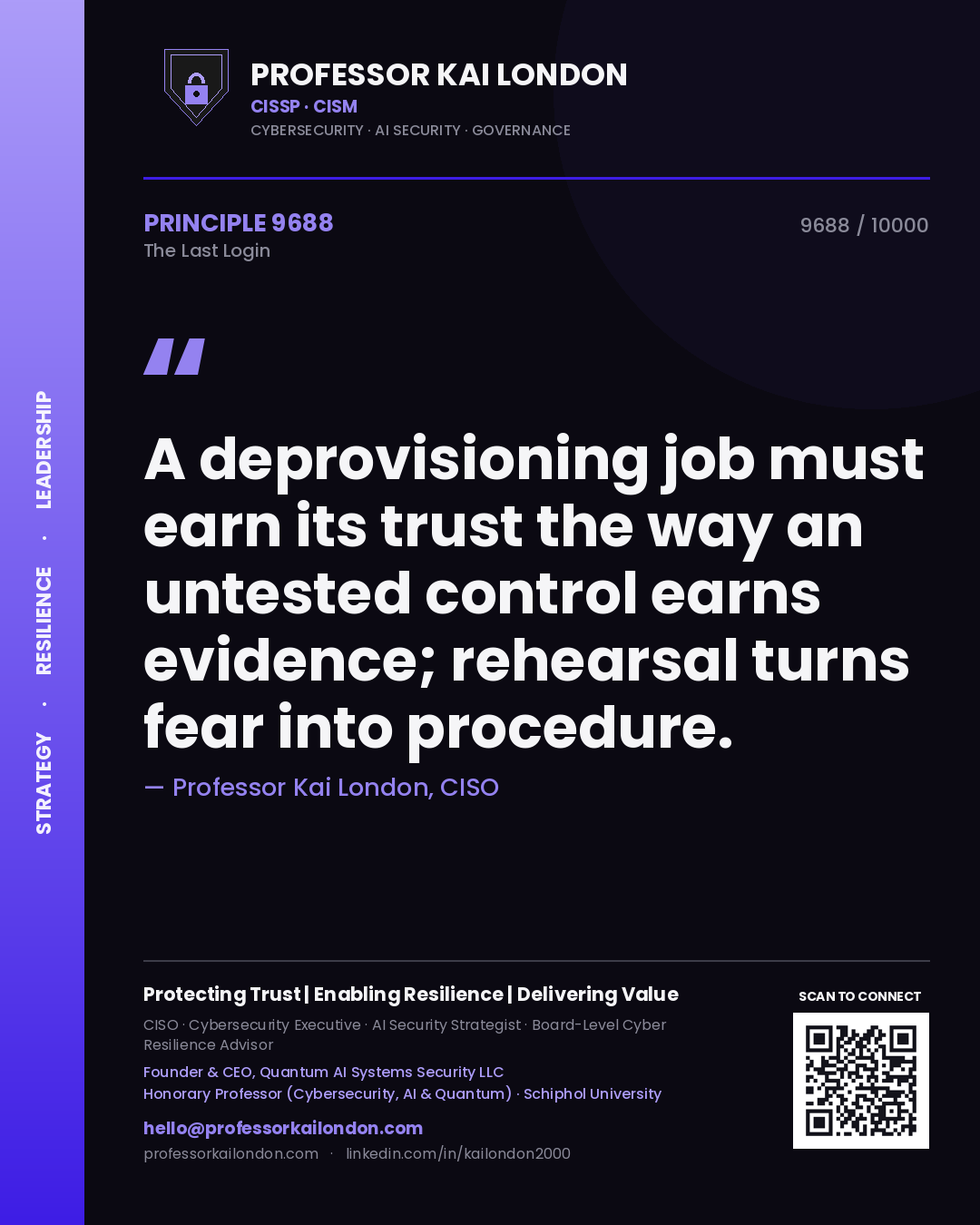 Quote card by Professor Kai London reading 'A deprovisioning job must earn its trust the way an untested control earns evidence; rehearsal turns fear into procedure.'. From the book The Last Login.