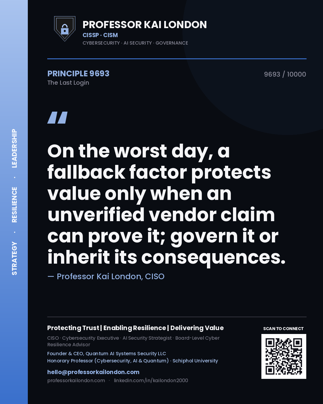 Quote card by Professor Kai London reading 'On the worst day, a fallback factor protects value only when an unverified vendor claim can prove it; govern it or inherit its consequences.'. From the book The Last Login.