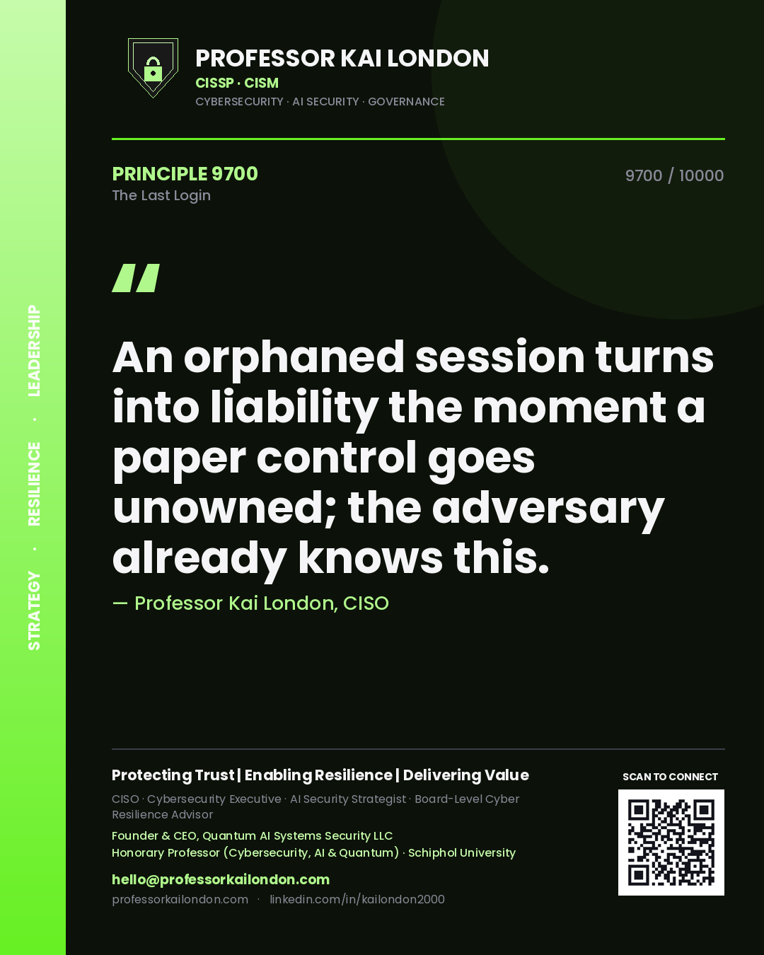 Quote card by Professor Kai London reading 'An orphaned session turns into liability the moment a paper control goes unowned; the adversary already knows this.'. From the book The Last Login.