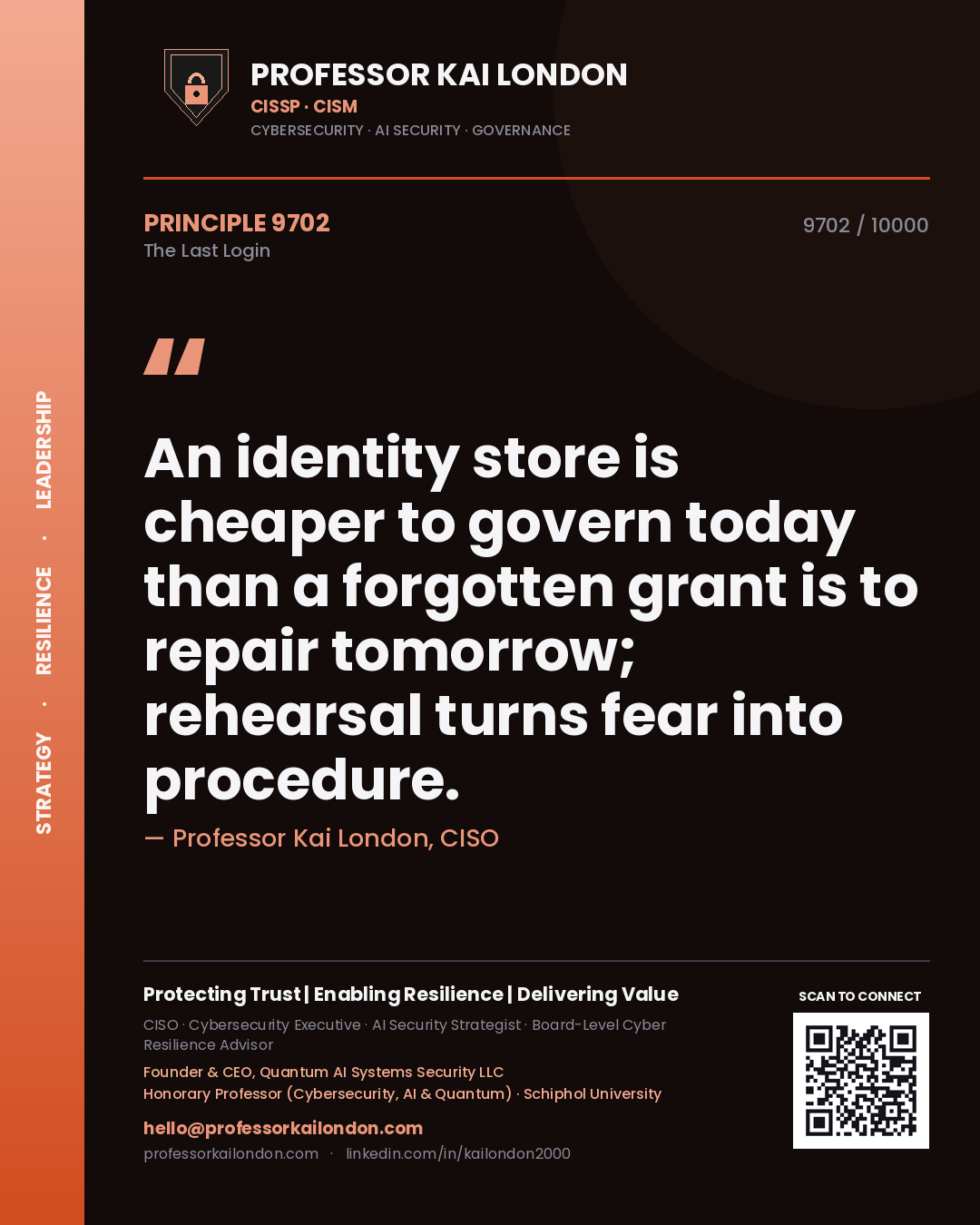 Professor Kai London principle 9702: An identity store is cheaper to govern today than a forgotten grant is to repair tomorrow; rehearsal turns fear into procedure.