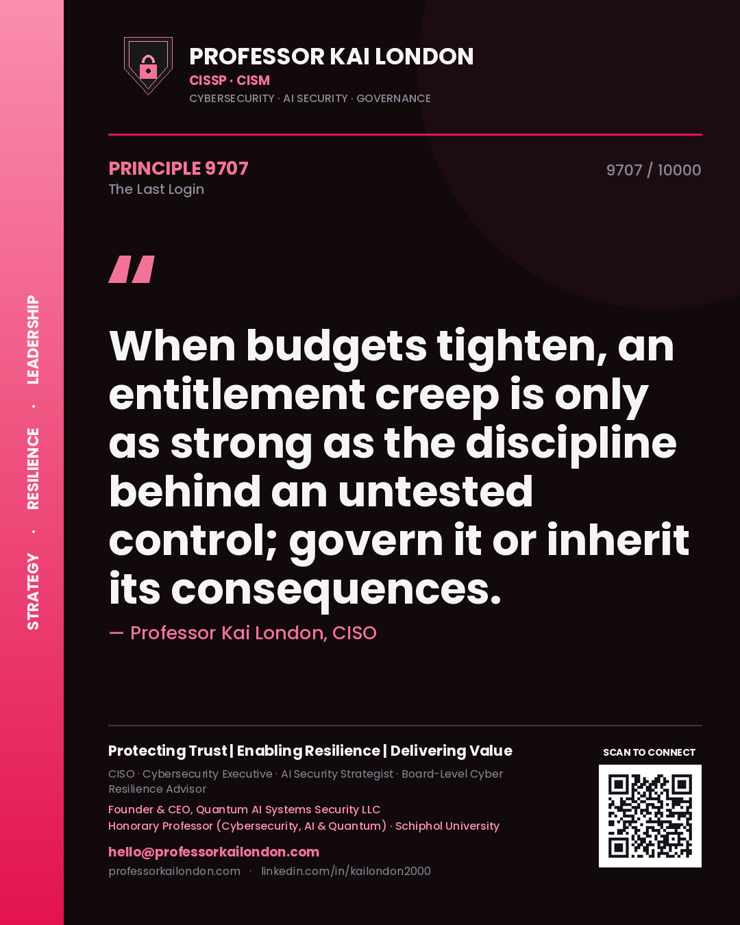 Quote card by Professor Kai London reading 'When budgets tighten, an entitlement creep is only as strong as the discipline behind an untested control; govern it or inherit its consequences.'. From the book The Last Login.
