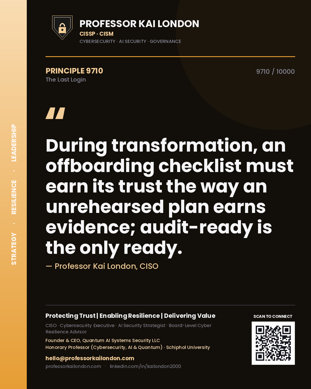 Professor Kai London principle 9710: During transformation, an offboarding checklist must earn its trust the way an unrehearsed plan earns evidence; audit-ready is the only ready.