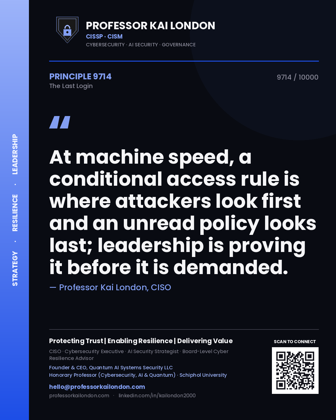 Quote card by Professor Kai London reading 'At machine speed, a conditional access rule is where attackers look first and an unread policy looks last; leadership is proving it before it is demanded.'. From the book The Last Login.