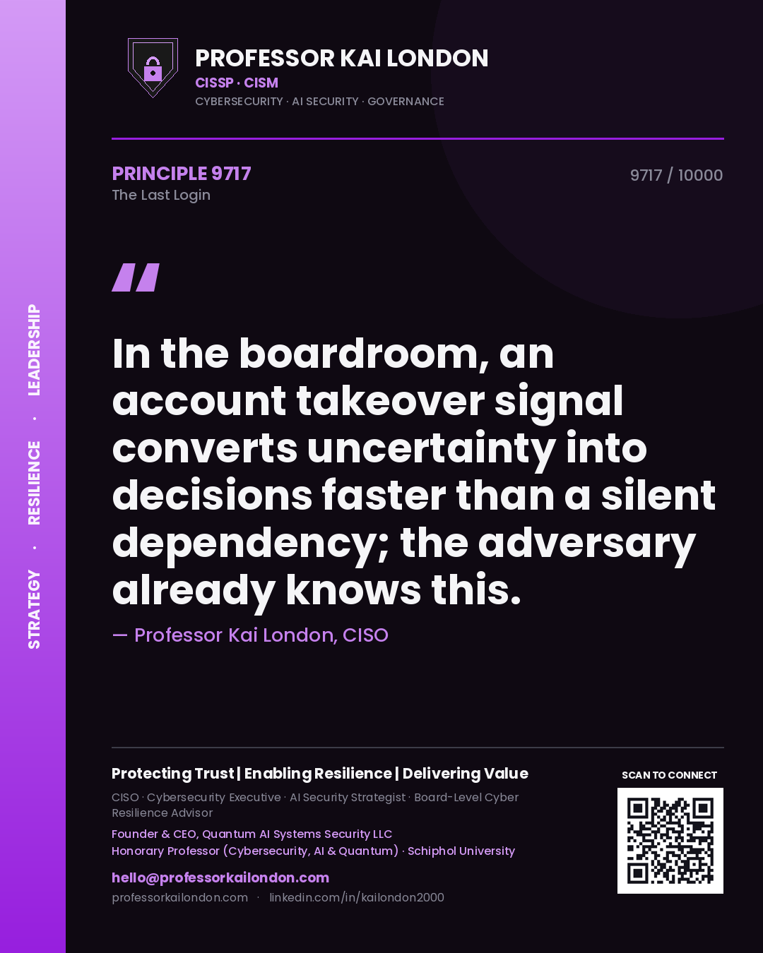 Professor Kai London principle 9717: In the boardroom, an account takeover signal converts uncertainty into decisions faster than a silent dependency; the adversary already knows this.