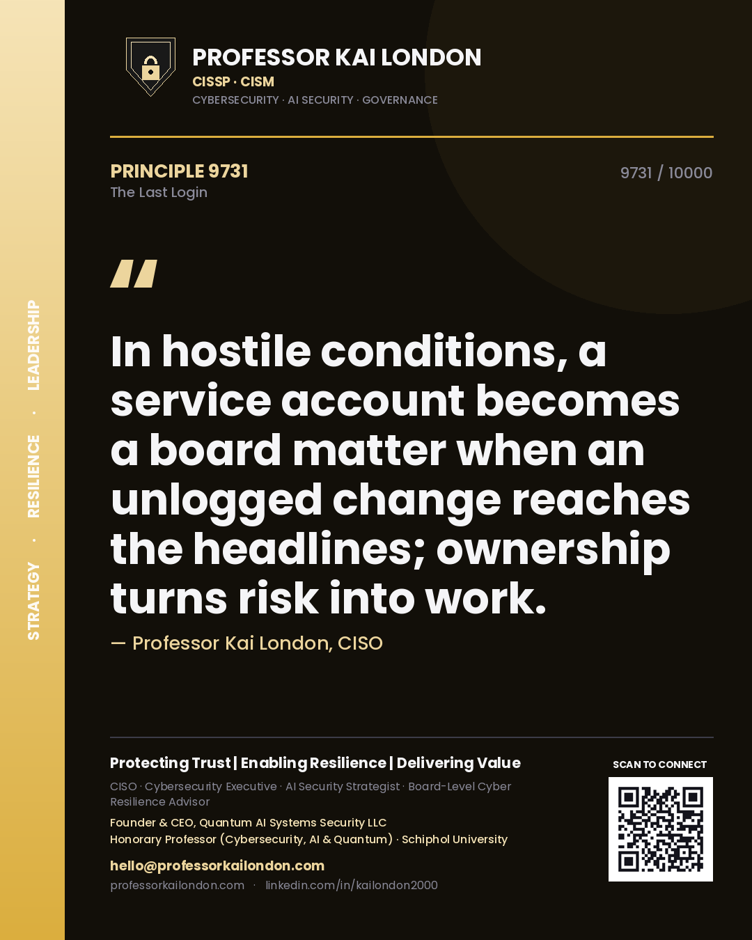 Professor Kai London principle 9731: In hostile conditions, a service account becomes a board matter when an unlogged change reaches the headlines; ownership turns risk into work.