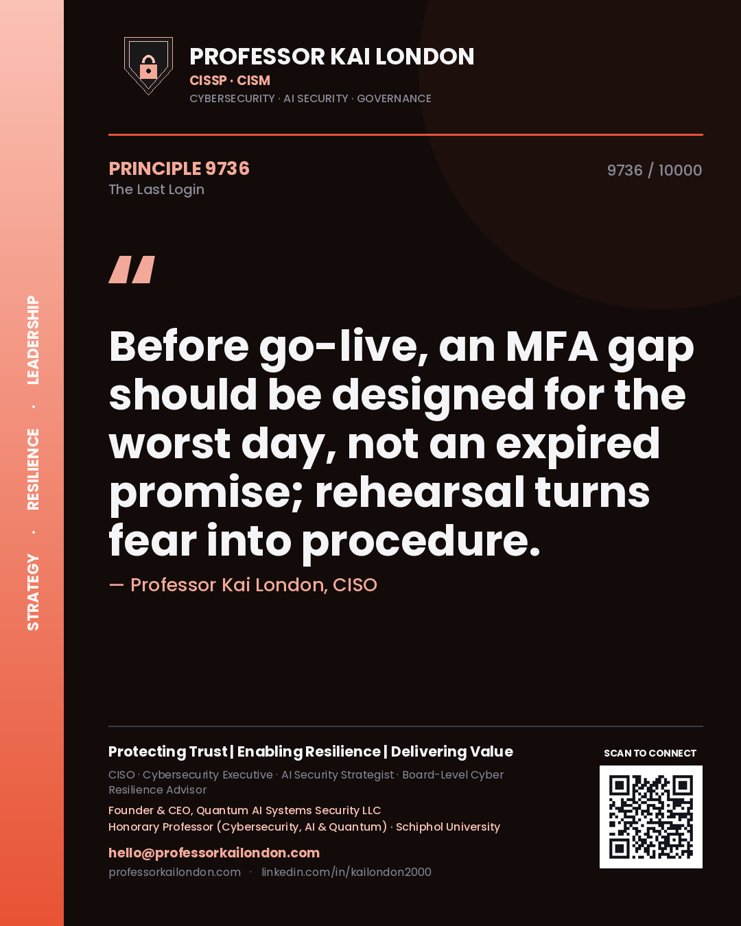 Quote card by Professor Kai London reading 'Before go-live, an MFA gap should be designed for the worst day, not an expired promise; rehearsal turns fear into procedure.'. From the book The Last Login.