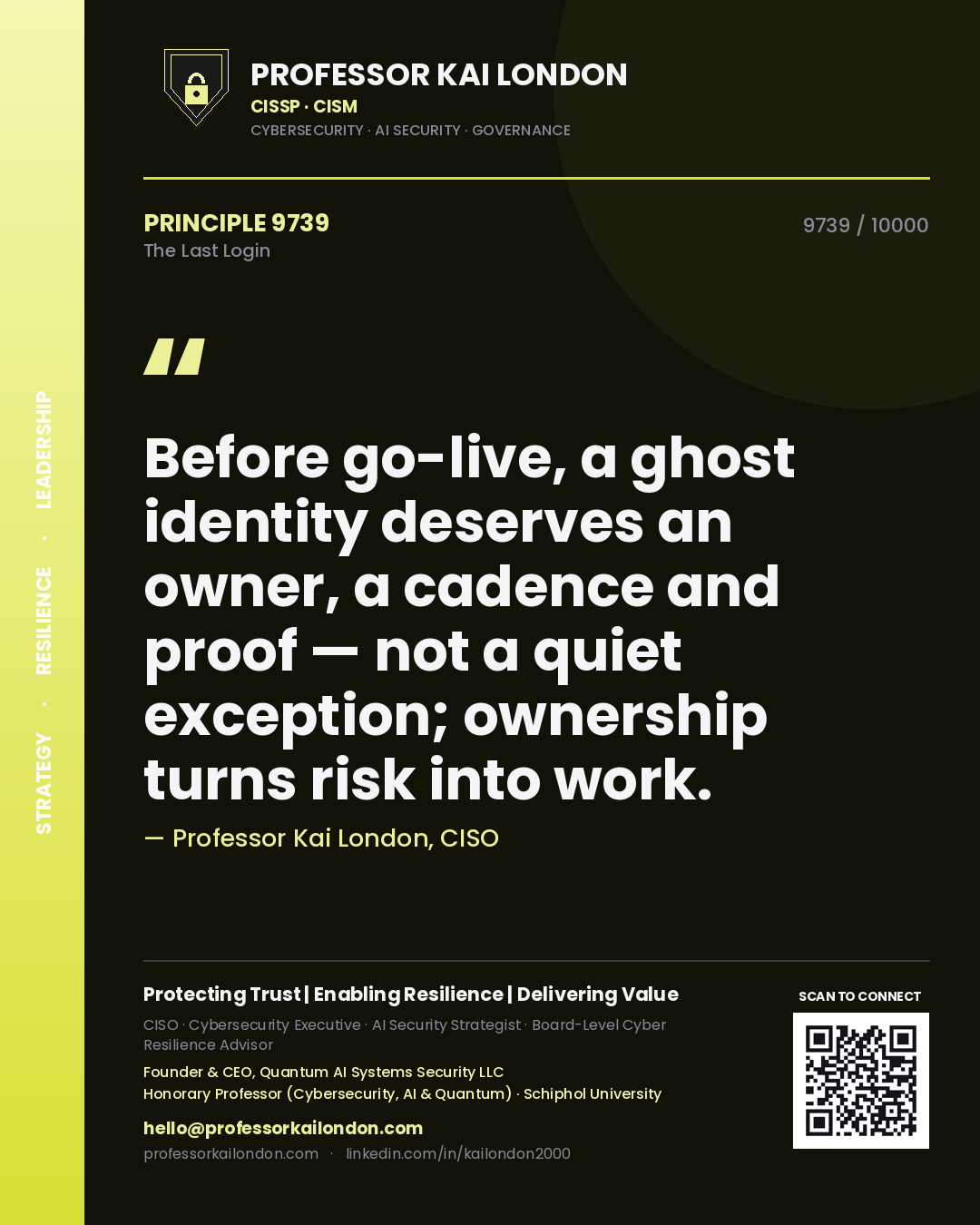 Professor Kai London principle 9739: Before go-live, a ghost identity deserves an owner, a cadence and proof — not a quiet exception; ownership turns risk into work.