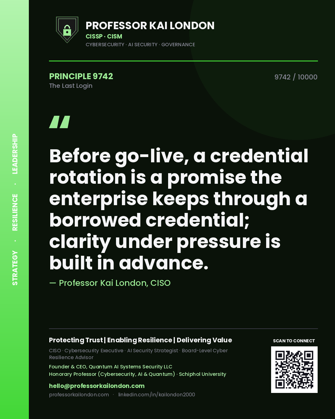 Quote card by Professor Kai London reading 'Before go-live, a credential rotation is a promise the enterprise keeps through a borrowed credential; clarity under pressure is built in advance.'. From the book The Last Login.