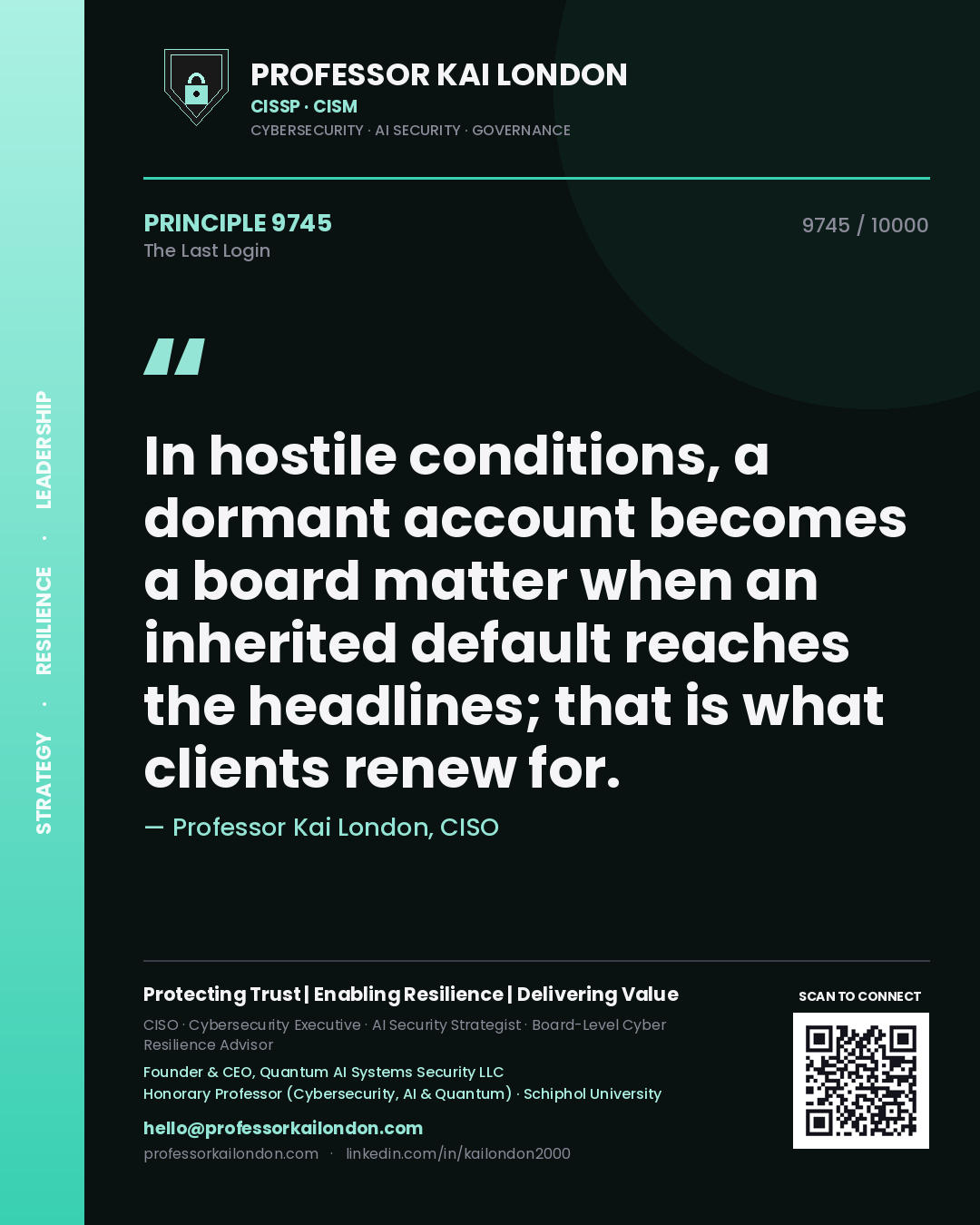 Quote card by Professor Kai London reading 'In hostile conditions, a dormant account becomes a board matter when an inherited default reaches the headlines; that is what clients renew for.'. From the book The Last Login.