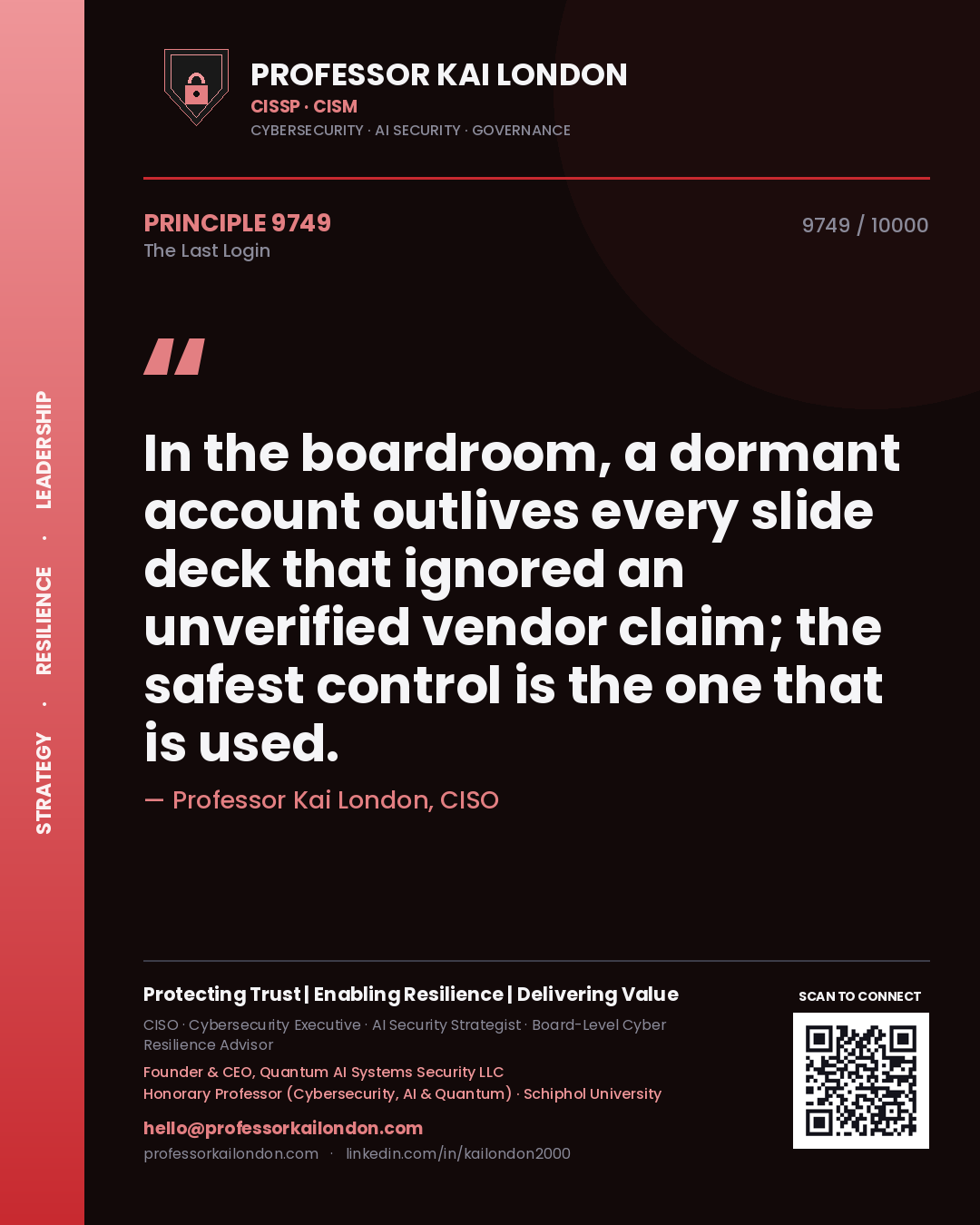 Quote card by Professor Kai London reading 'In the boardroom, a dormant account outlives every slide deck that ignored an unverified vendor claim; the safest control is the one that is used.'. From the book The Last Login.