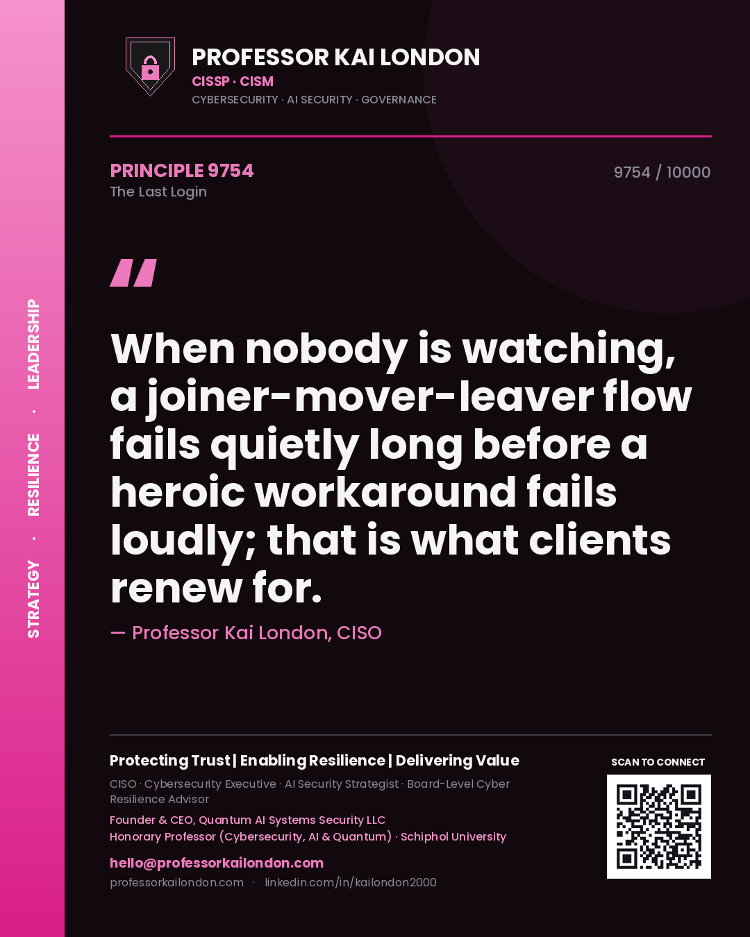 Quote card by Professor Kai London reading 'When nobody is watching, a joiner-mover-leaver flow fails quietly long before a heroic workaround fails loudly; that is what clients renew for.'. From the book The Last Login.
