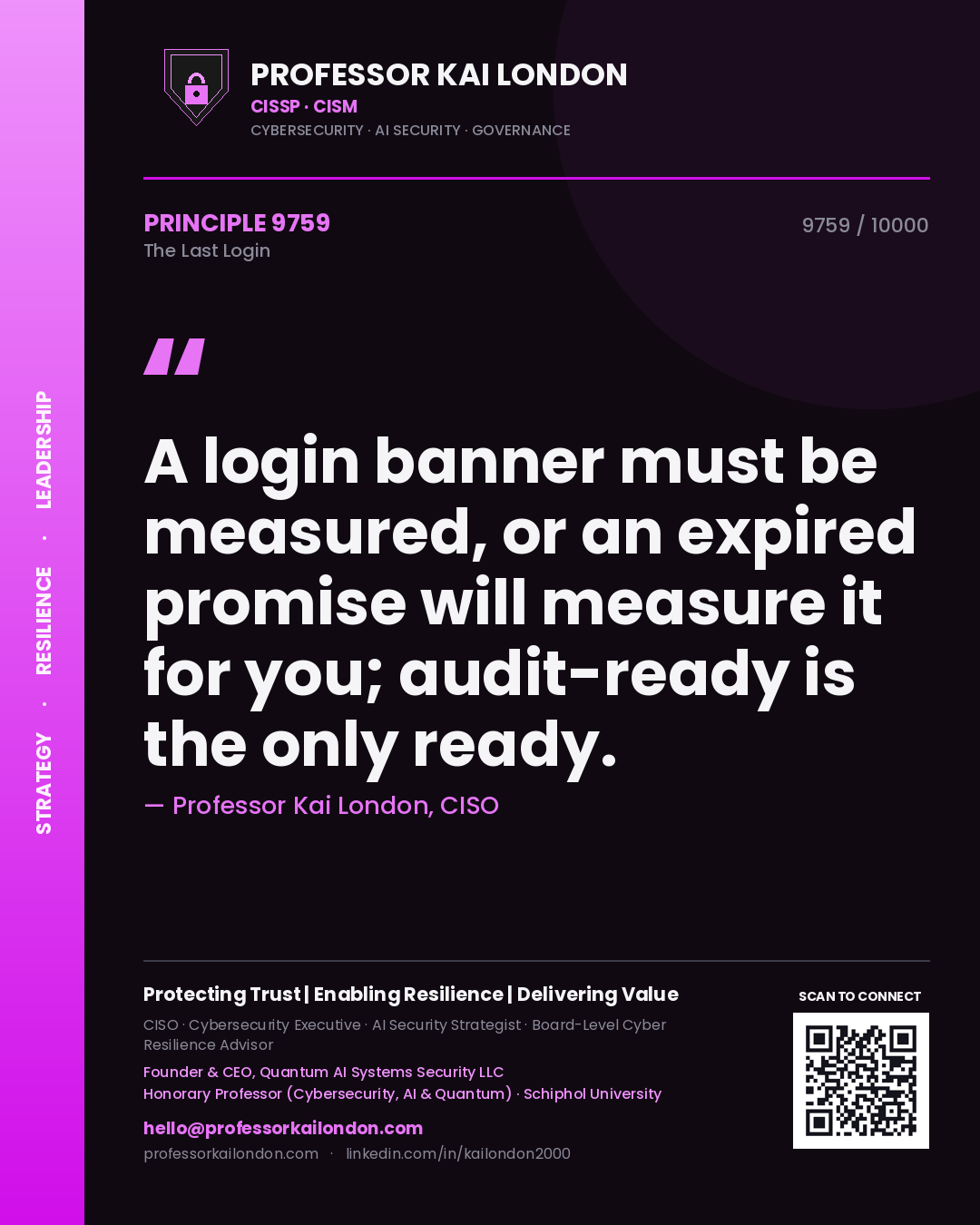 Professor Kai London principle 9759: A login banner must be measured, or an expired promise will measure it for you; audit-ready is the only ready.