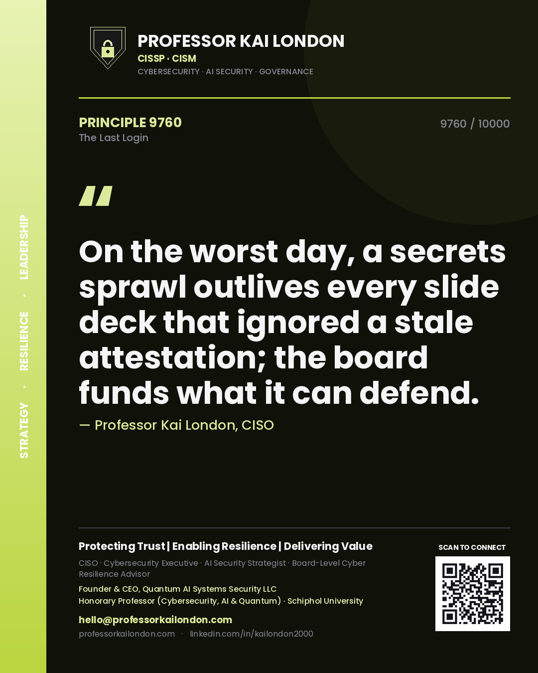 Quote card by Professor Kai London reading 'On the worst day, a secrets sprawl outlives every slide deck that ignored a stale attestation; the board funds what it can defend.'. From the book The Last Login.