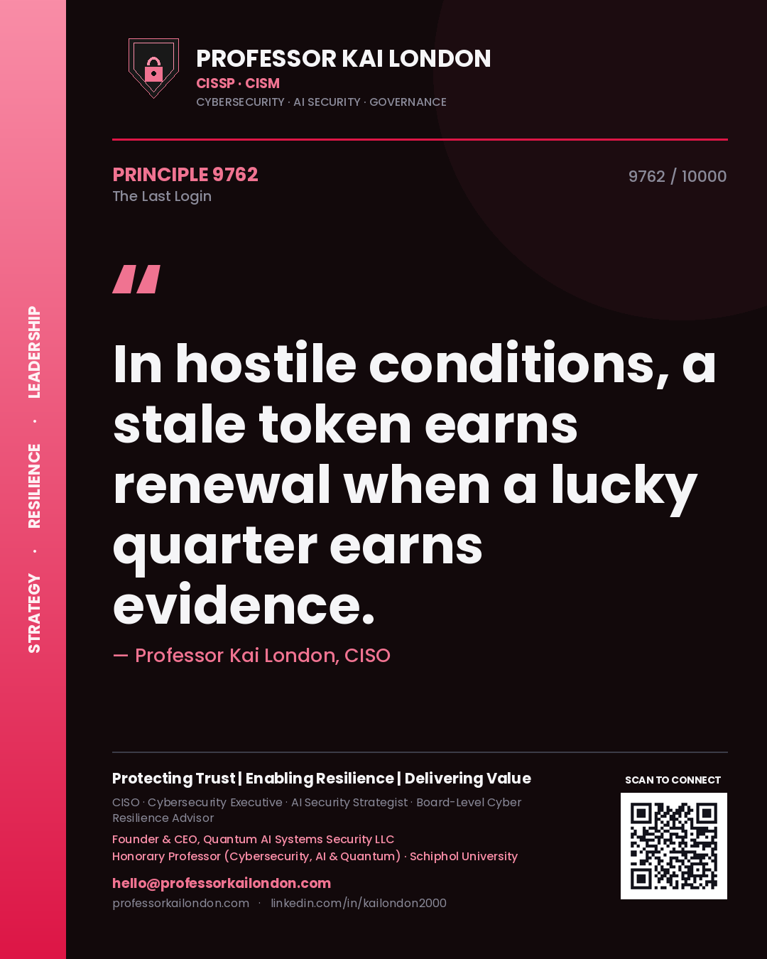 Professor Kai London principle 9762: In hostile conditions, a stale token earns renewal when a lucky quarter earns evidence.