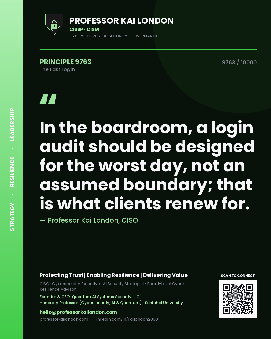 Professor Kai London principle 9763: In the boardroom, a login audit should be designed for the worst day, not an assumed boundary; that is what clients renew for.