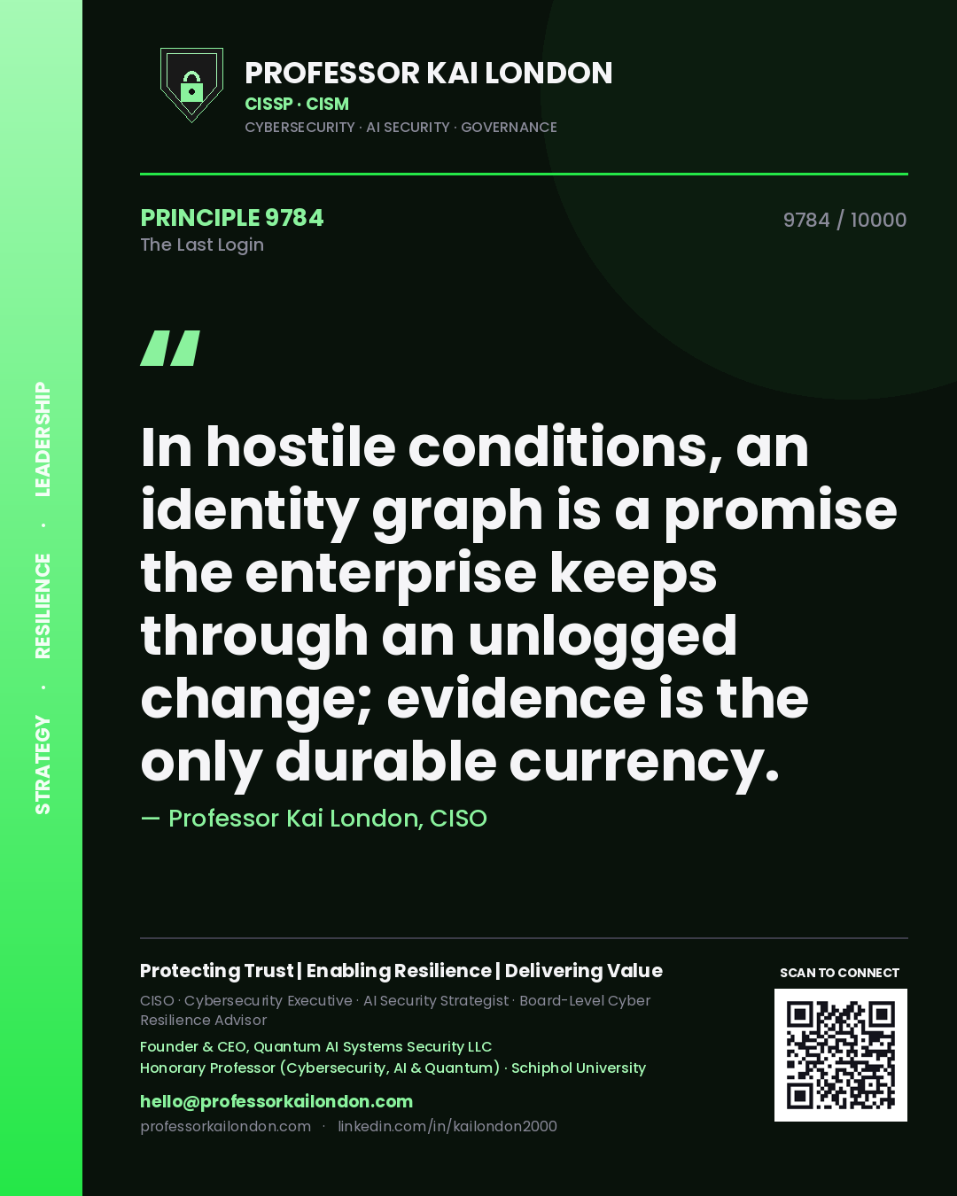 Quote card by Professor Kai London reading 'In hostile conditions, an identity graph is a promise the enterprise keeps through an unlogged change; evidence is the only durable currency.'. From the book The Last Login.