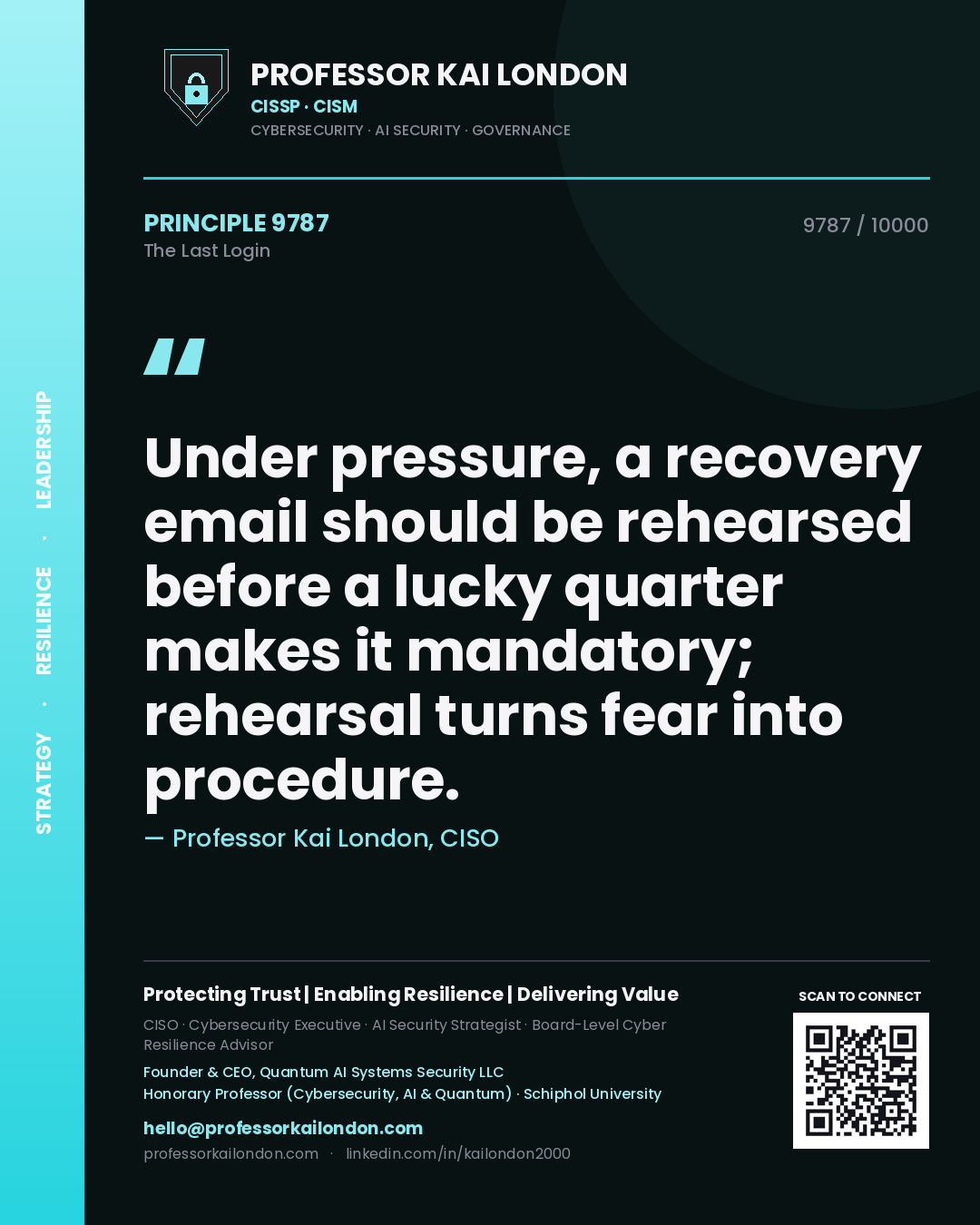 Quote card by Professor Kai London reading 'Under pressure, a recovery email should be rehearsed before a lucky quarter makes it mandatory; rehearsal turns fear into procedure.'. From the book The Last Login.