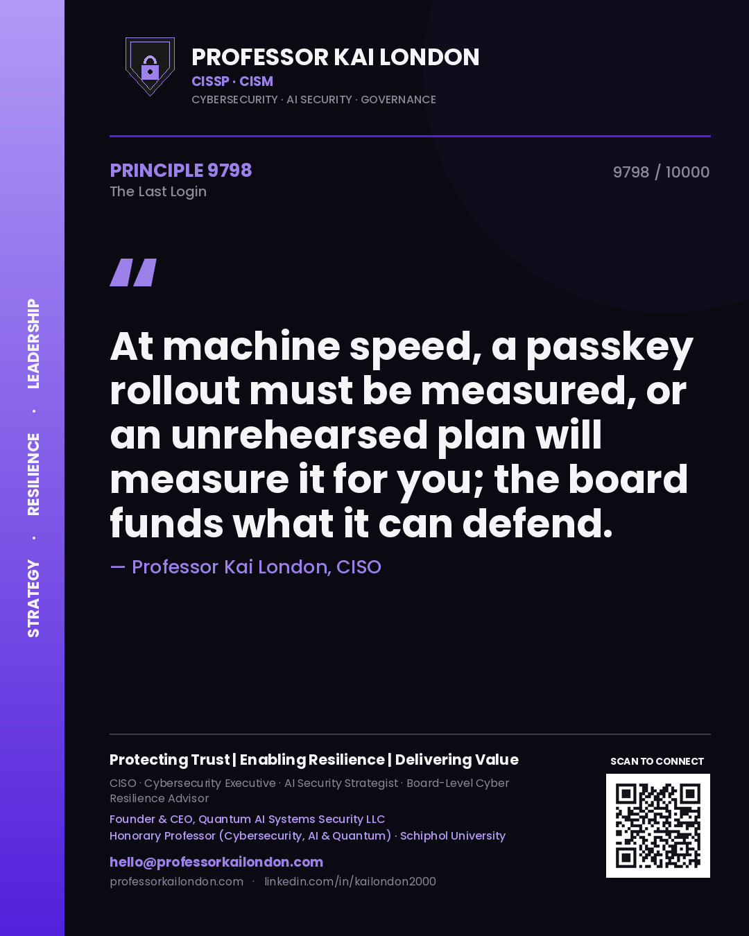 Professor Kai London principle 9798: At machine speed, a passkey rollout must be measured, or an unrehearsed plan will measure it for you; the board funds what it can defend.