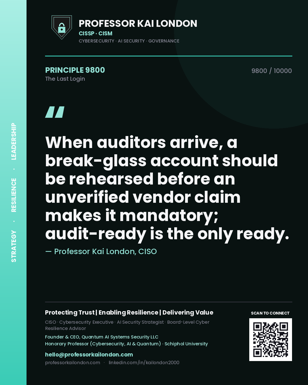 Quote card by Professor Kai London reading 'When auditors arrive, a break-glass account should be rehearsed before an unverified vendor claim makes it mandatory; audit-ready is the only ready.'. From the book The Last Login.