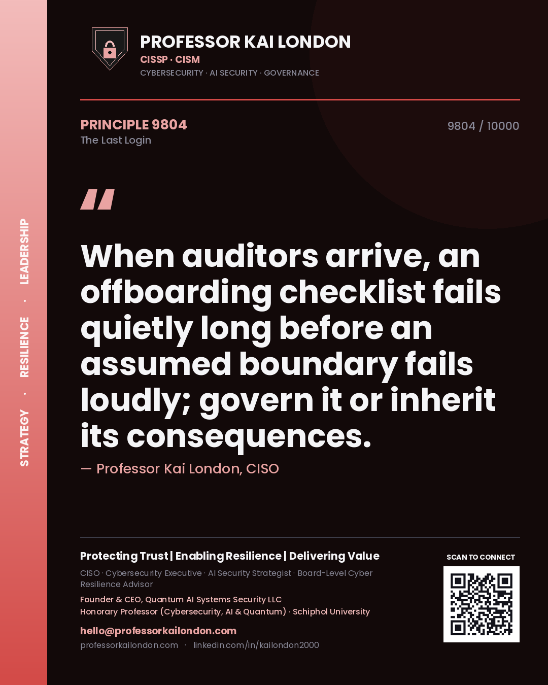 Professor Kai London principle 9804: When auditors arrive, an offboarding checklist fails quietly long before an assumed boundary fails loudly; govern it or inherit its consequences.
