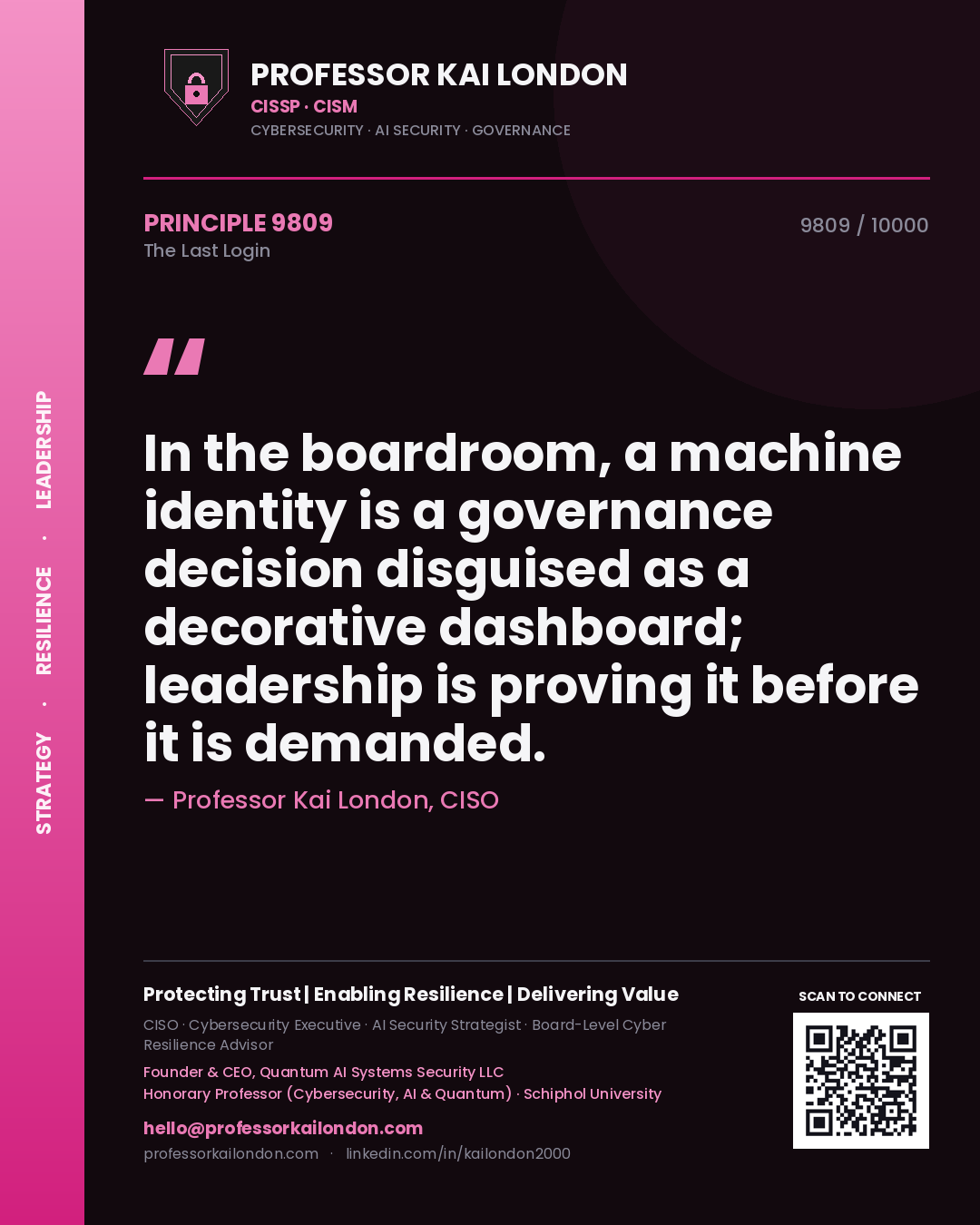 Quote card by Professor Kai London reading 'In the boardroom, a machine identity is a governance decision disguised as a decorative dashboard; leadership is proving it before it is demanded.'. From the book The Last Login.