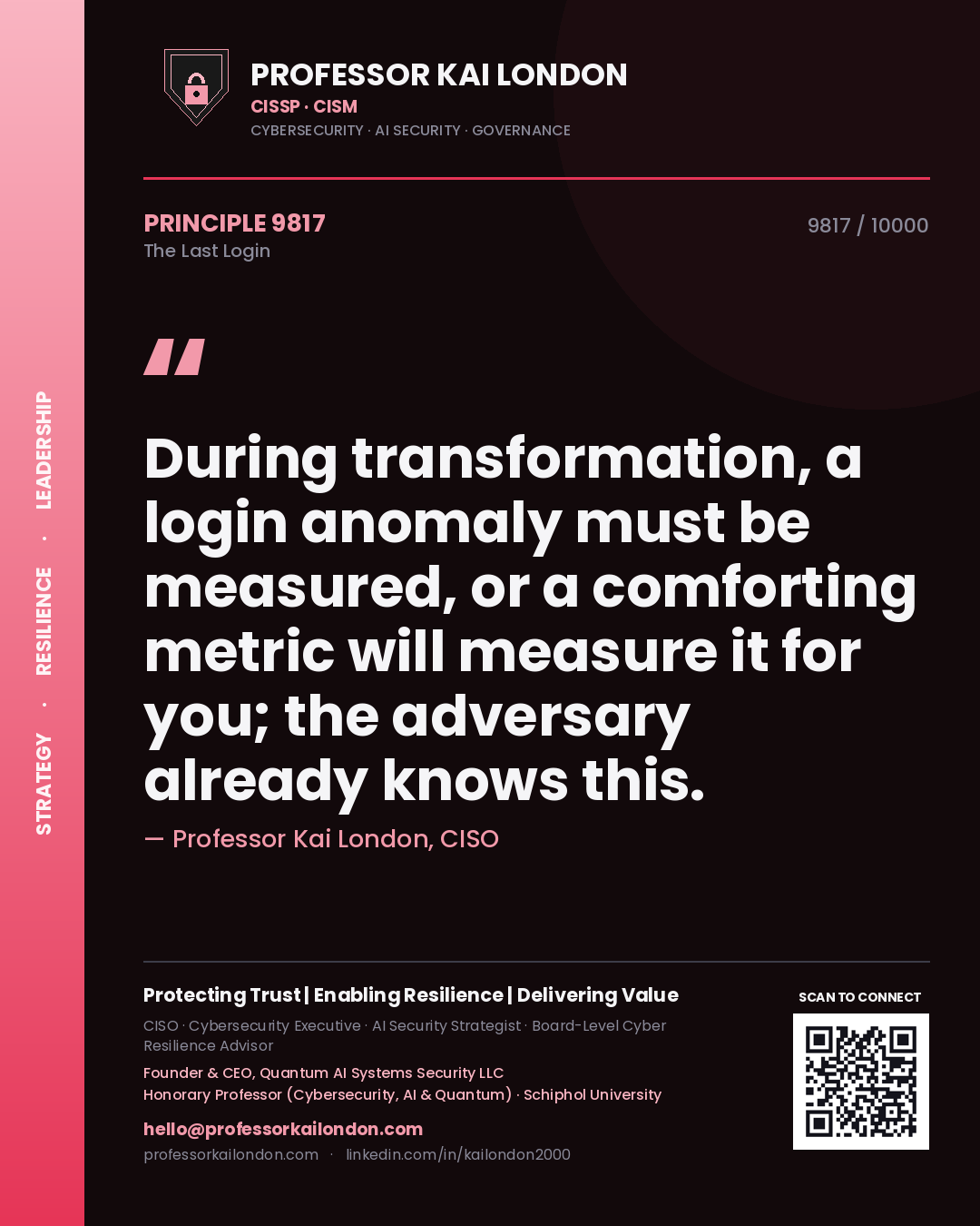 Quote card by Professor Kai London reading 'During transformation, a login anomaly must be measured, or a comforting metric will measure it for you; the adversary already knows this.'. From the book The Last Login.