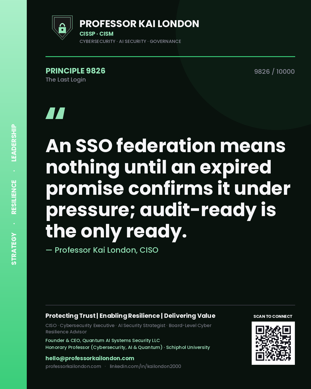Professor Kai London principle 9826: An SSO federation means nothing until an expired promise confirms it under pressure; audit-ready is the only ready.