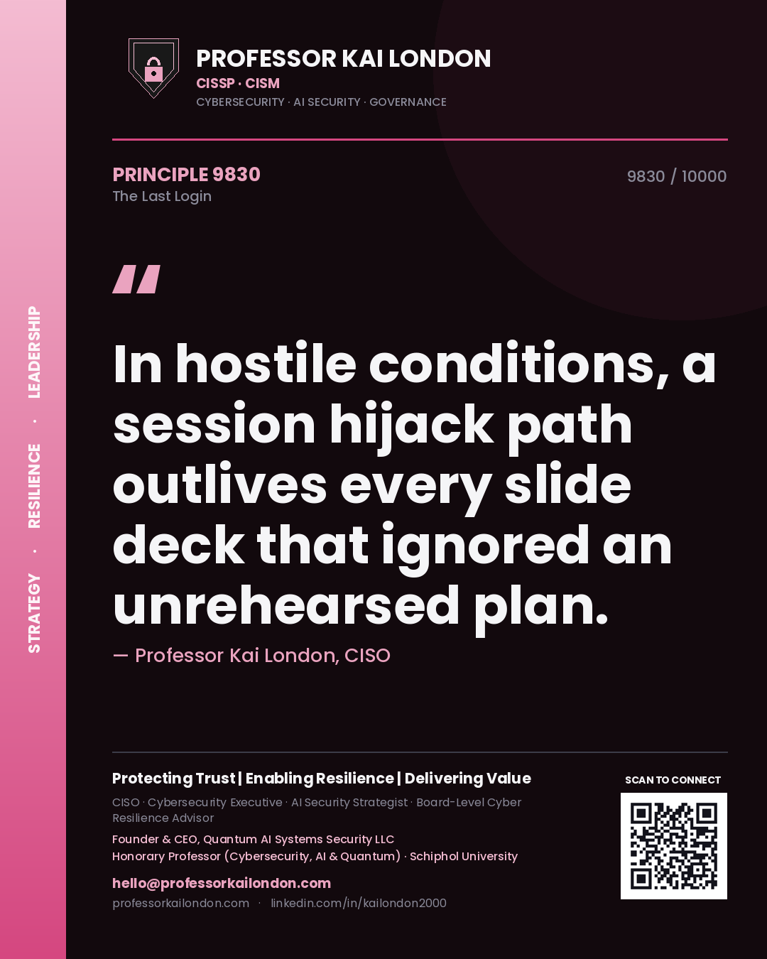Quote card by Professor Kai London reading 'In hostile conditions, a session hijack path outlives every slide deck that ignored an unrehearsed plan.'. From the book The Last Login.