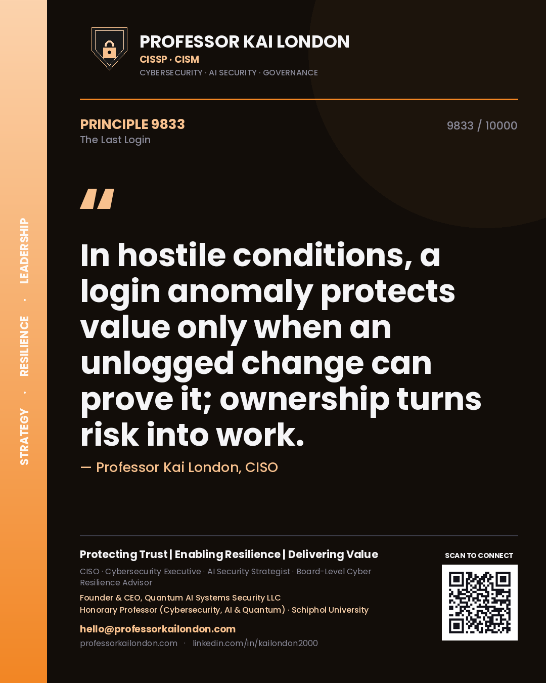 Professor Kai London principle 9833: In hostile conditions, a login anomaly protects value only when an unlogged change can prove it; ownership turns risk into work.