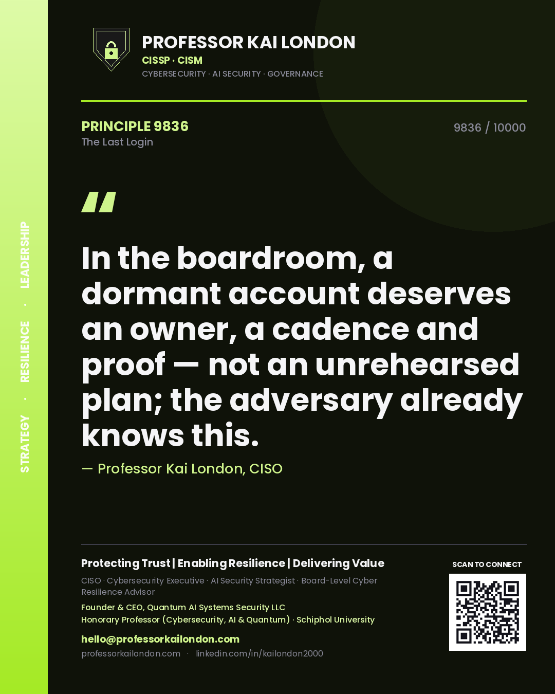 Quote card by Professor Kai London reading 'In the boardroom, a dormant account deserves an owner, a cadence and proof — not an unrehearsed plan; the adversary already knows this.'. From the book The Last Login.