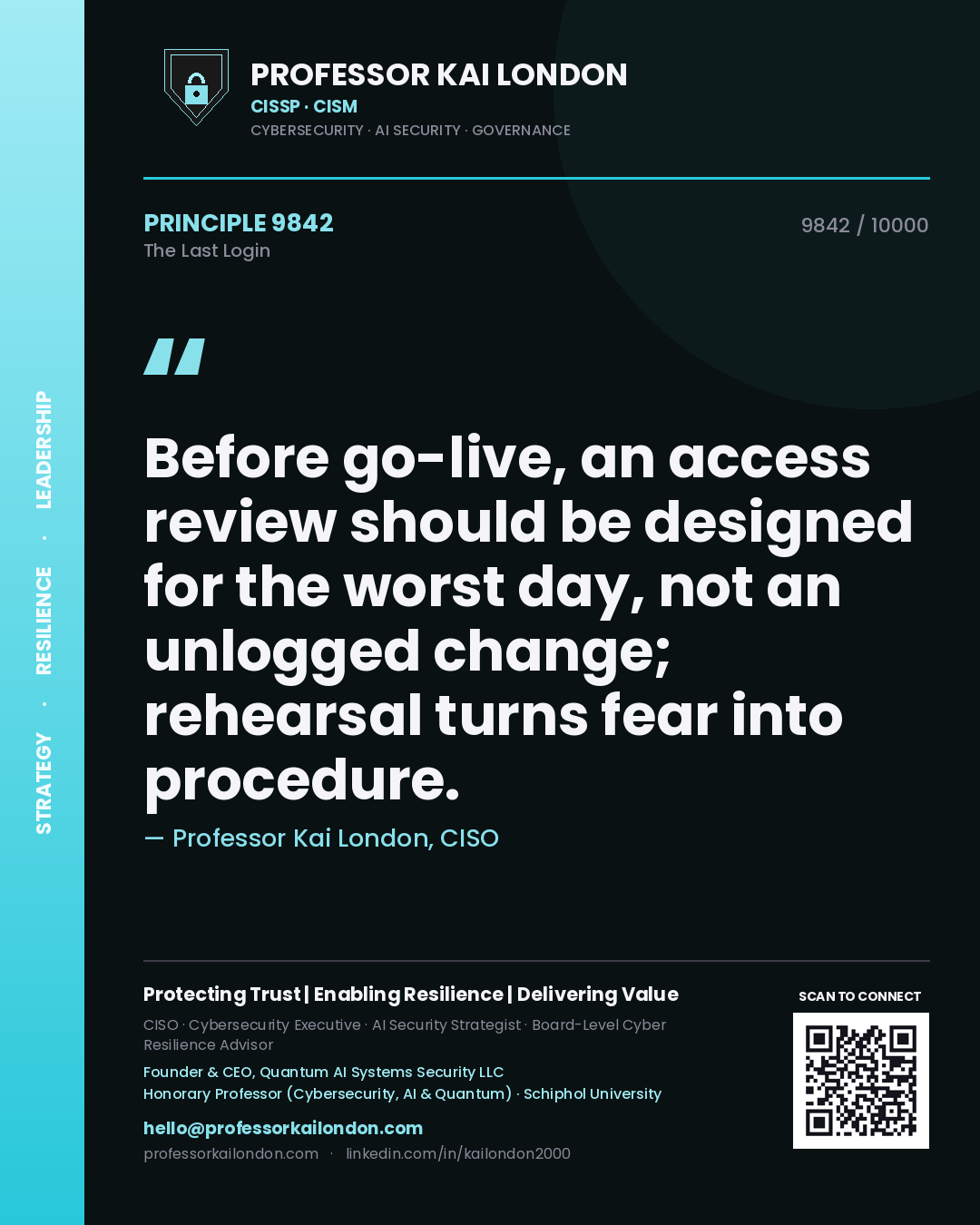 Quote card by Professor Kai London reading 'Before go-live, an access review should be designed for the worst day, not an unlogged change; rehearsal turns fear into procedure.'. From the book The Last Login.