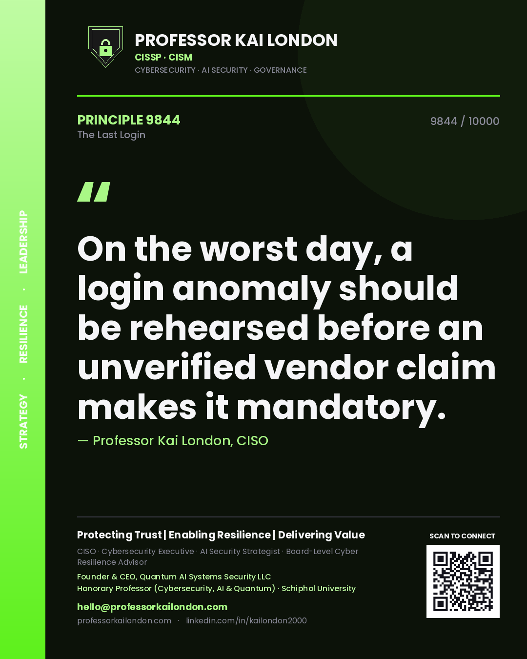 Quote card by Professor Kai London reading 'On the worst day, a login anomaly should be rehearsed before an unverified vendor claim makes it mandatory.'. From the book The Last Login.