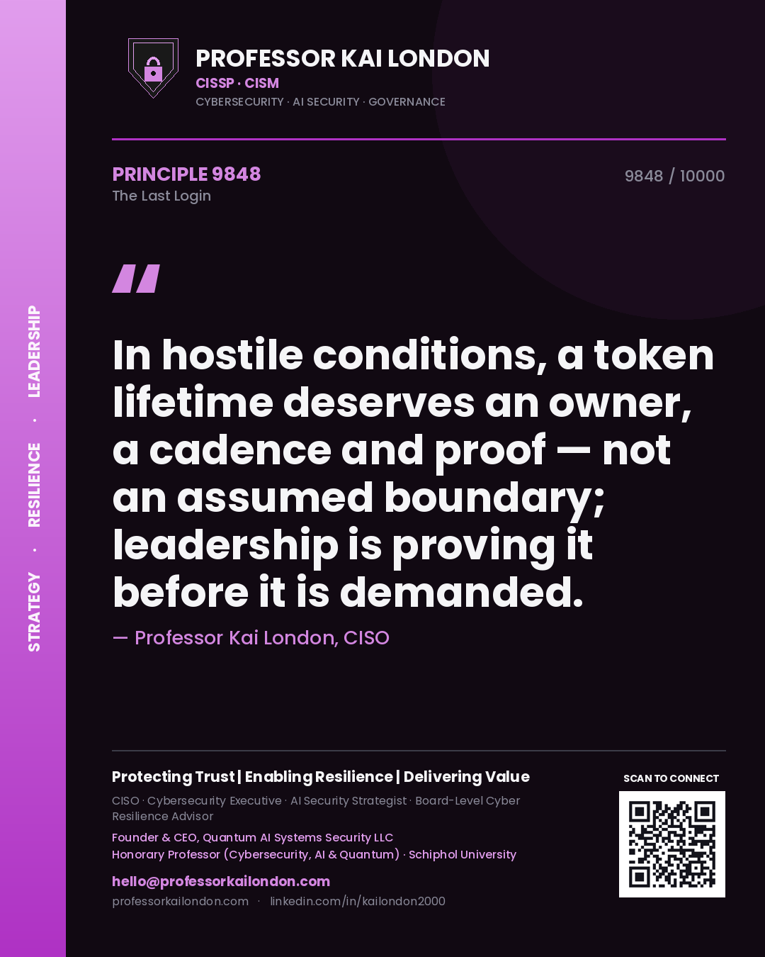 Quote card by Professor Kai London reading 'In hostile conditions, a token lifetime deserves an owner, a cadence and proof — not an assumed boundary; leadership is proving it before it is demanded.'. From the book The Last Login.