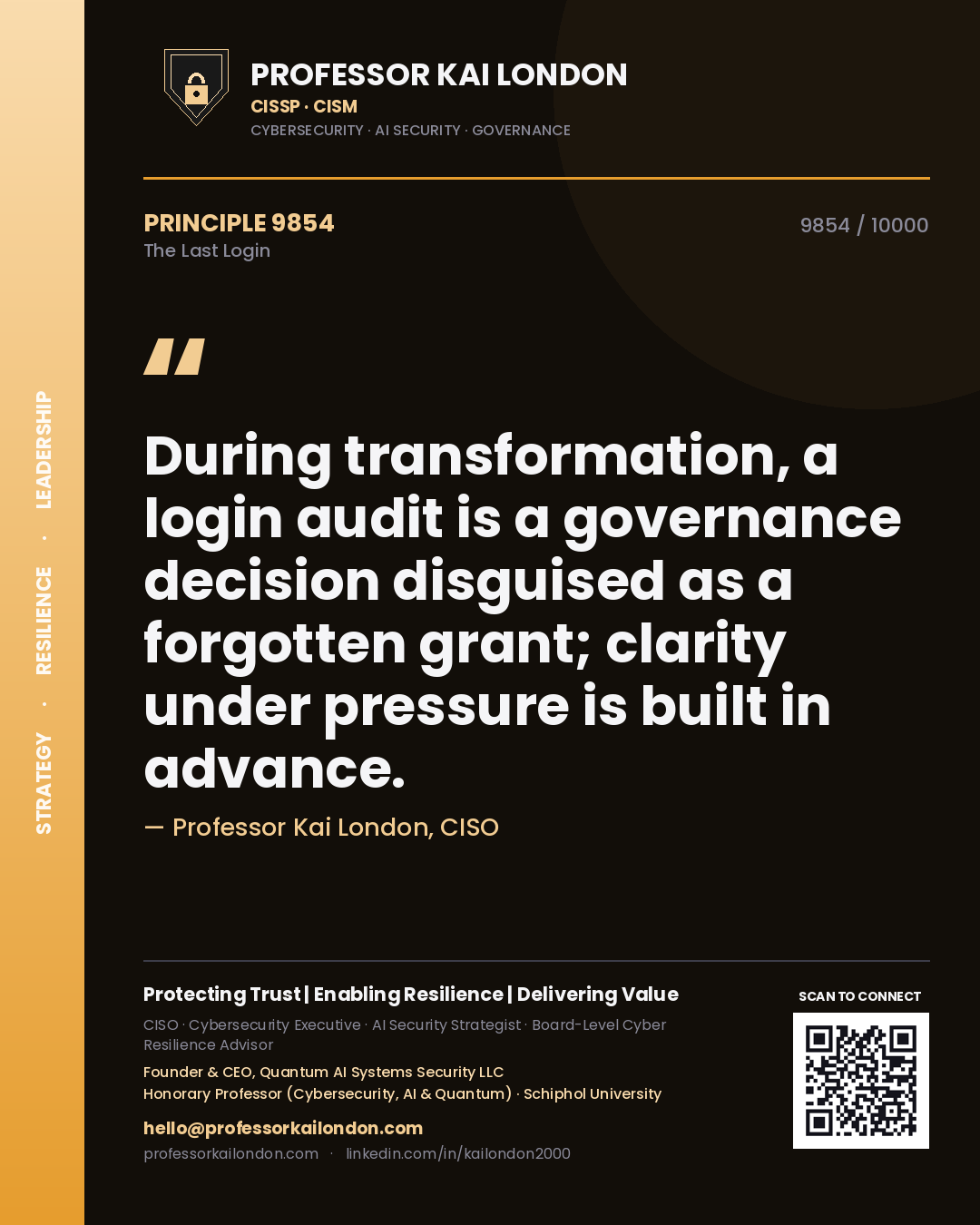 Quote card by Professor Kai London reading 'During transformation, a login audit is a governance decision disguised as a forgotten grant; clarity under pressure is built in advance.'. From the book The Last Login.