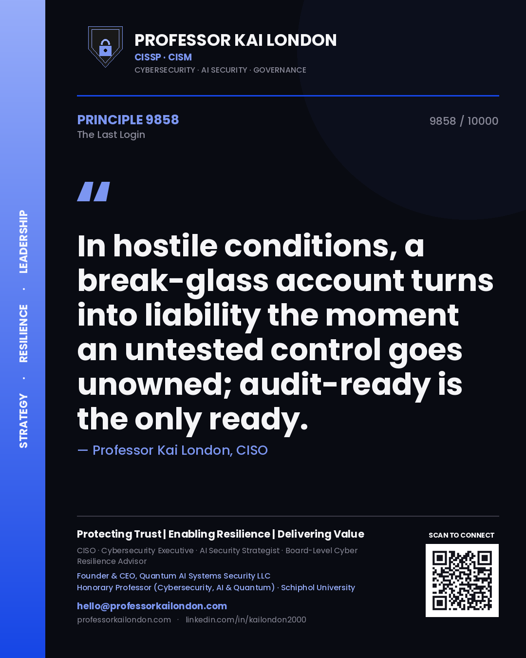 Professor Kai London principle 9858: In hostile conditions, a break-glass account turns into liability the moment an untested control goes unowned; audit-ready is the only ready.