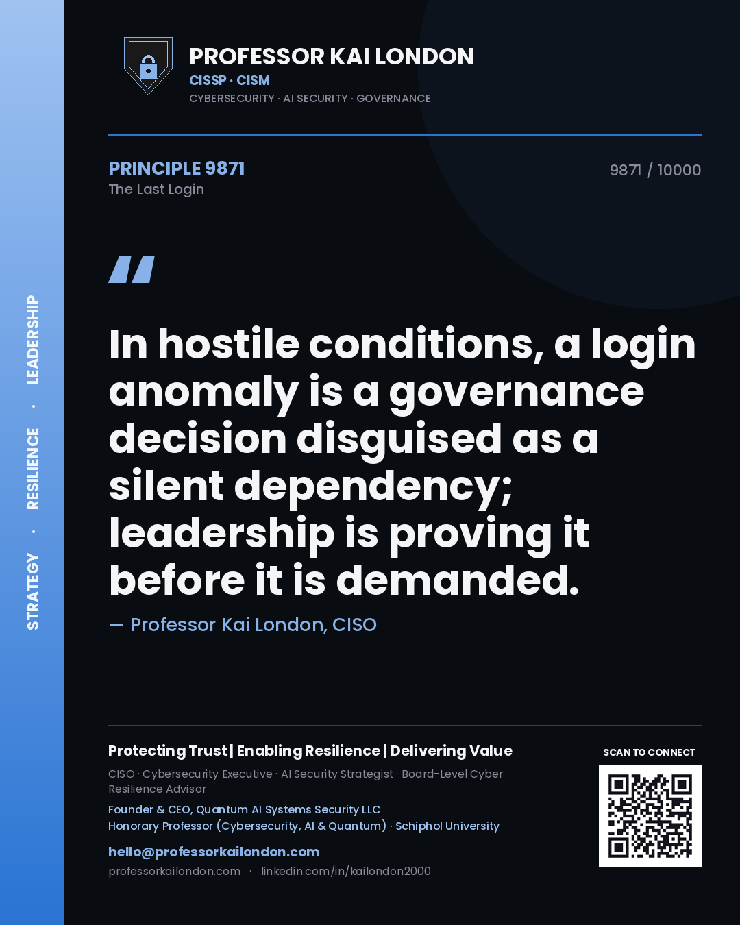 Professor Kai London principle 9871: In hostile conditions, a login anomaly is a governance decision disguised as a silent dependency; leadership is proving it before it is demanded.