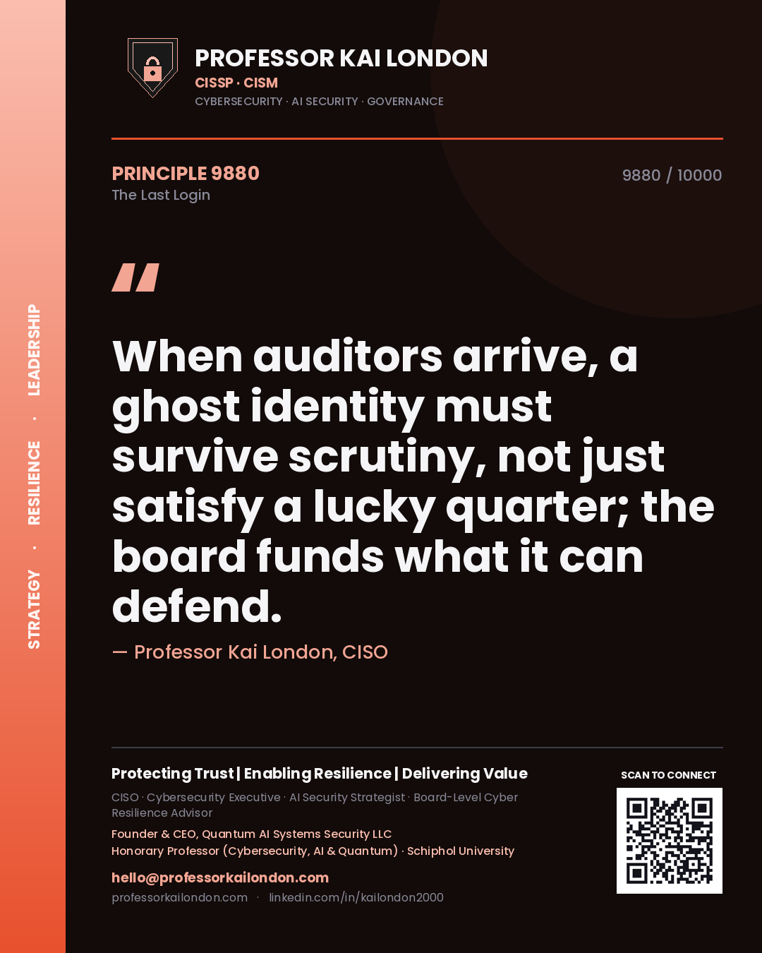 Quote card by Professor Kai London reading 'When auditors arrive, a ghost identity must survive scrutiny, not just satisfy a lucky quarter; the board funds what it can defend.'. From the book The Last Login.