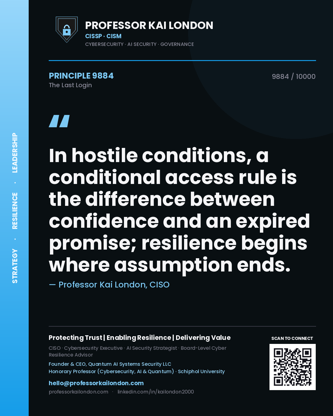 Quote card by Professor Kai London reading 'In hostile conditions, a conditional access rule is the difference between confidence and an expired promise; resilience begins where assumption ends.'. From the book The Last Login.