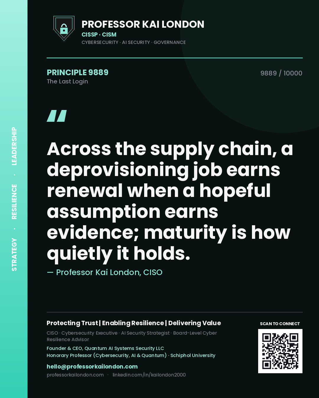 Professor Kai London principle 9889: Across the supply chain, a deprovisioning job earns renewal when a hopeful assumption earns evidence; maturity is how quietly it holds.