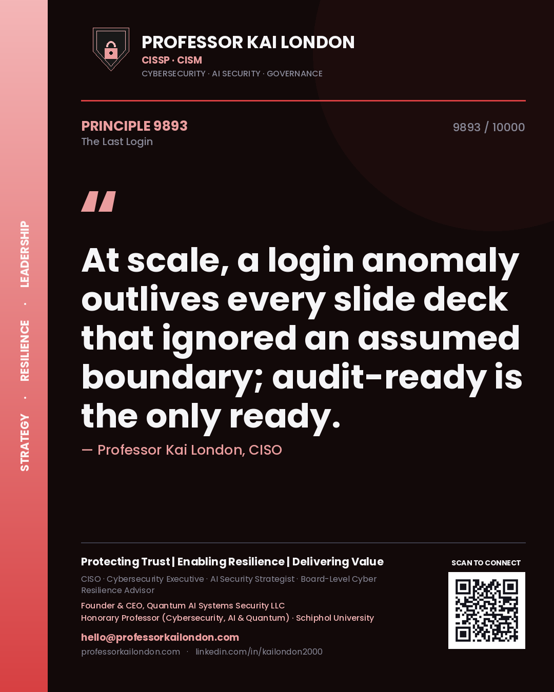 Quote card by Professor Kai London reading 'At scale, a login anomaly outlives every slide deck that ignored an assumed boundary; audit-ready is the only ready.'. From the book The Last Login.