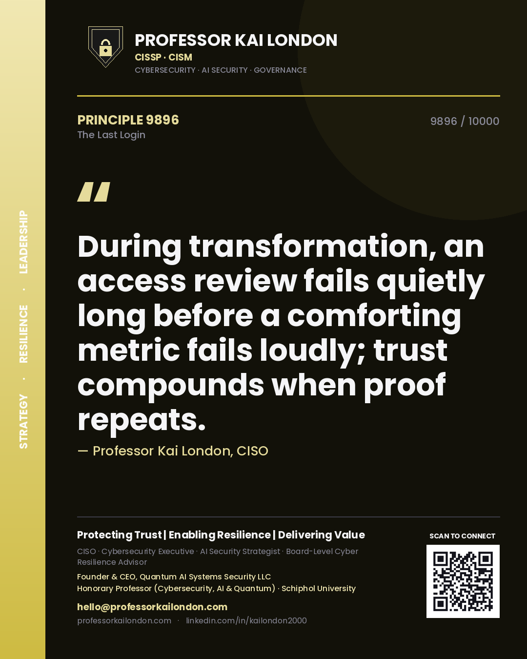 Professor Kai London principle 9896: During transformation, an access review fails quietly long before a comforting metric fails loudly; trust compounds when proof repeats.