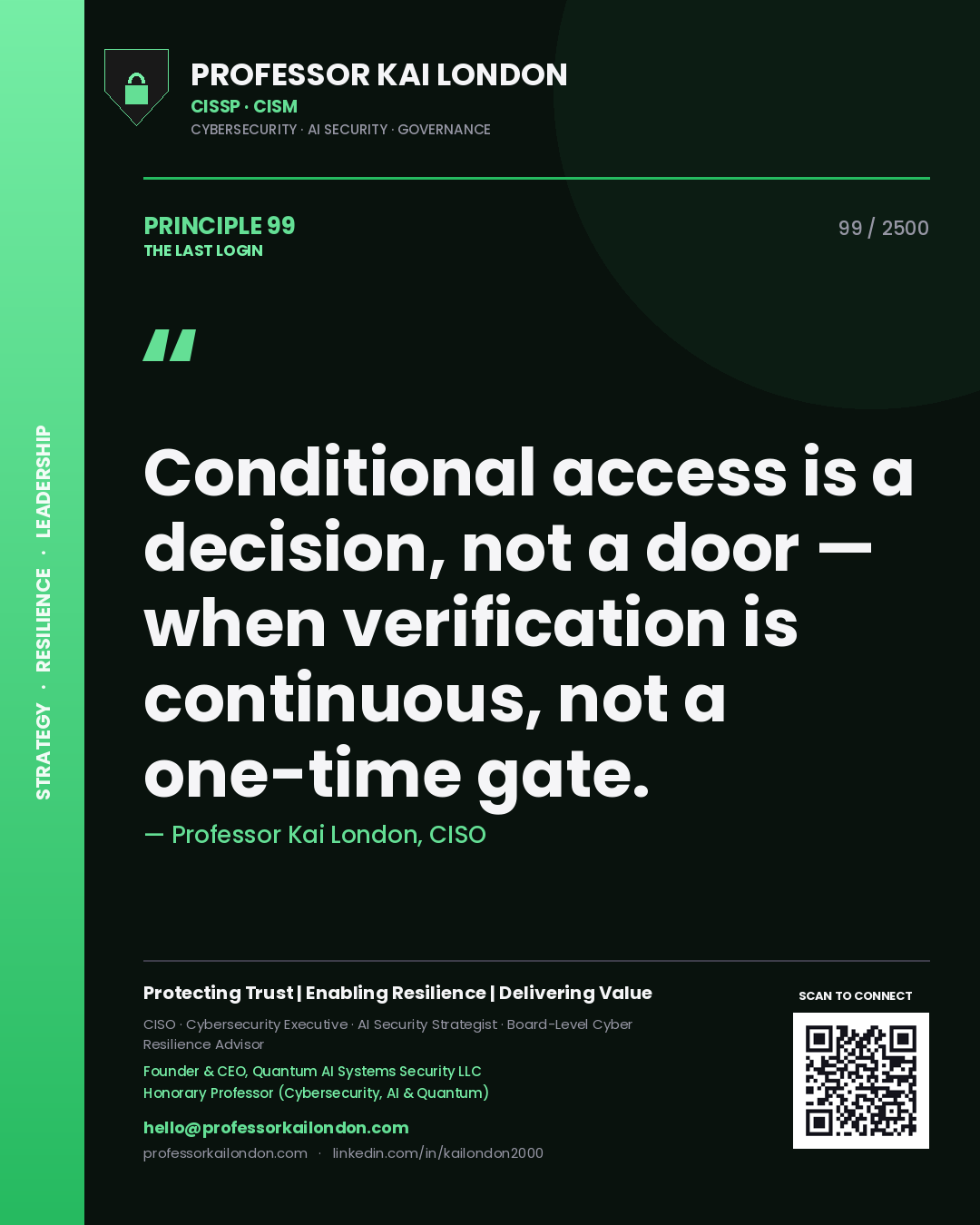 Quote card by Professor Kai London reading 'Conditional access is a decision, not a door — when verification is continuous, not a one-time gate.'. From the book The Last Login.