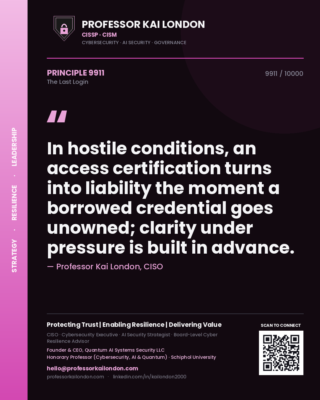 Quote card by Professor Kai London reading 'In hostile conditions, an access certification turns into liability the moment a borrowed credential goes unowned; clarity under pressure is built in advance.'. From the book The Last Login.