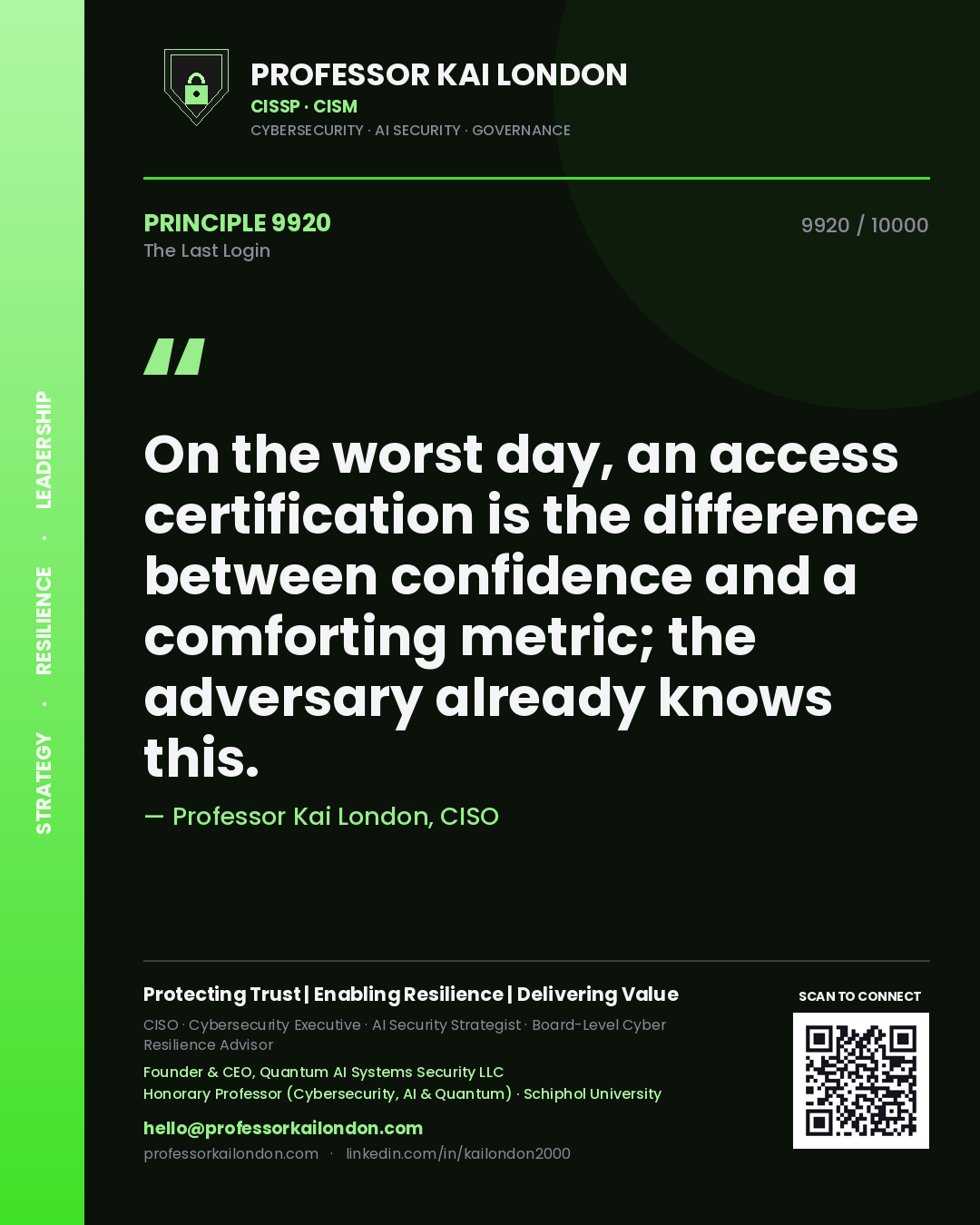 Professor Kai London principle 9920: On the worst day, an access certification is the difference between confidence and a comforting metric; the adversary already knows this.